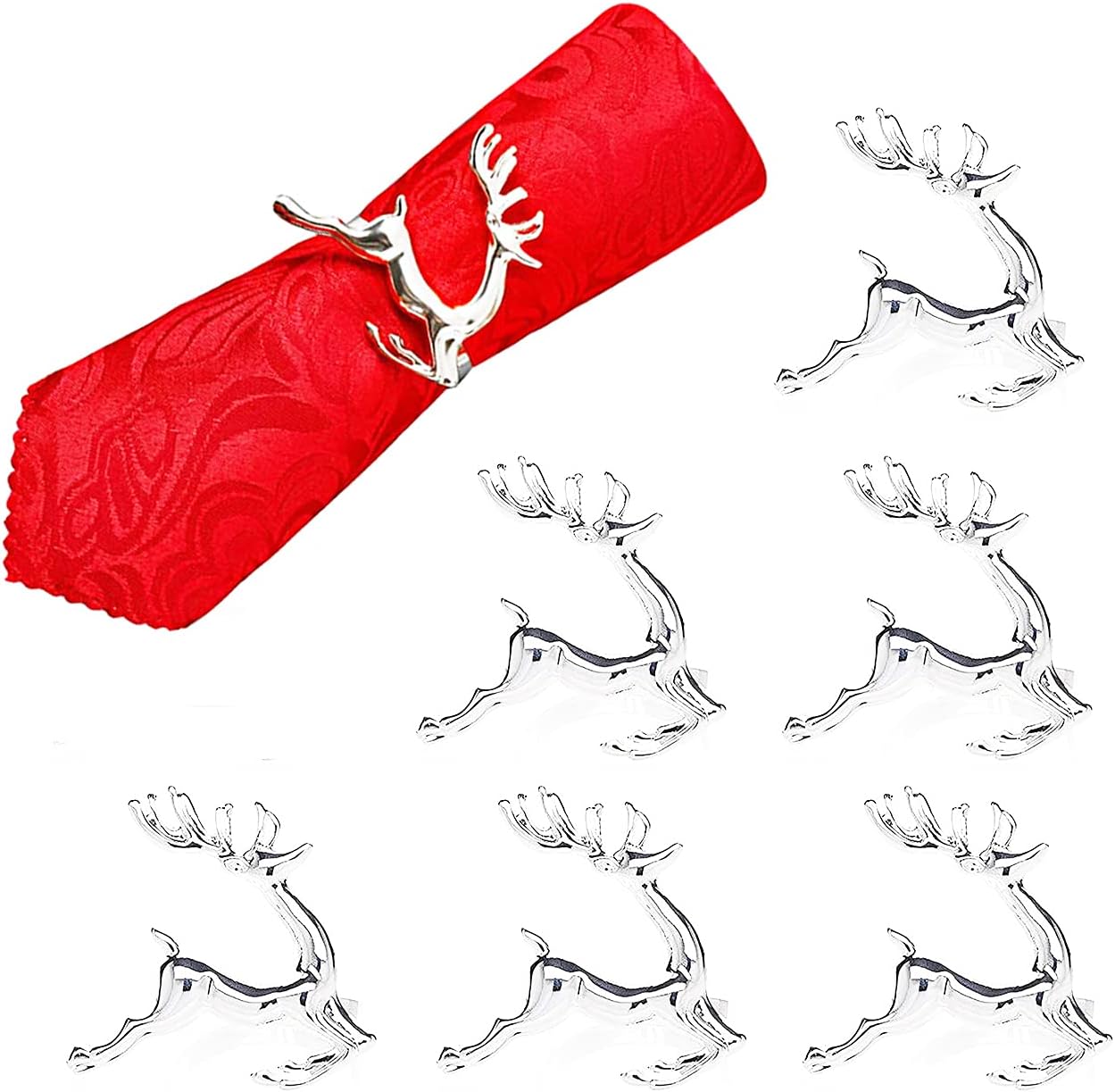 Deer Elk Christmas Napkin Rings Set of 6, Silver Xmas Napkin Rings for Dinner Party Holiday Wedding Thanksgiving Christmas New Year