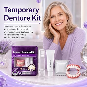 Temporary Denture Kit, Heat Moldable Custom Fit Upper & Lower False Teeth