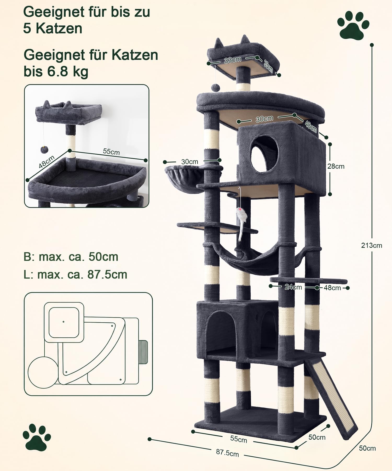 Albero per gatti, torre per gatti di grandi dimensioni, 213 cm, torre per gatti di grandi dimensioni, torre per gatti da interni, con 11 pali tiragraffi in sisal, 2 spaziosi condomini, amaca