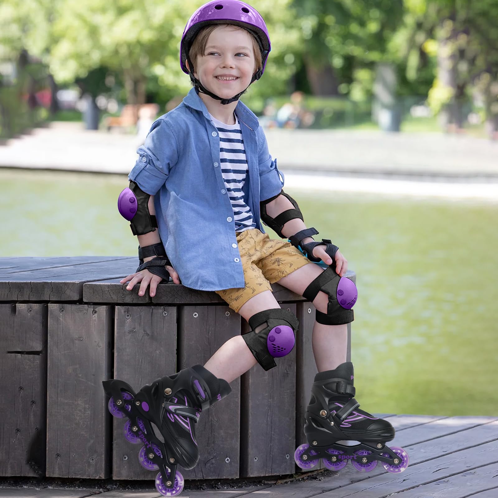 Pattini in linea regolabili per bambini ragazze ragazzi principianti, Pattini a rotelle per bambino e adolescente per lo sport viola e blu