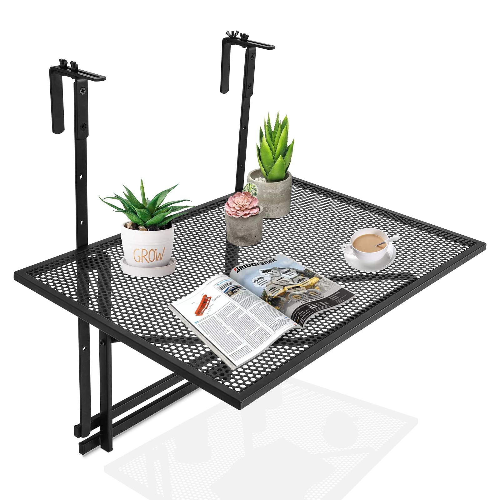 RELAX4LIFE Tavolino da Balcone, Tavolo da Giardino Pieghevole in Metallo, Altezza 5 Regolabile con Ganci, Tavolo Sospeso Portata 20kg, per Ringhiera Interno/Esterno, Nero (60,5x50,5x83cm)