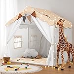 besrey Kids Play Tent 2 in 1 with Padded Mat and Lights, Large Kids Playhouse with 2 Doors & 4 Windows, Indoor & Outdoor, Christmas Toddler Tent, 51 x35 x 51 (White with Star)