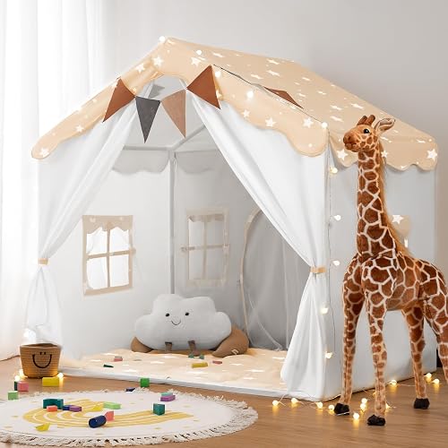 besrey Kids Tent, 2 in 1 Play Tents with Padded Mat and Lights, Large Playhouse for Kids with 2 Doors & 4 Windows, Kids Play Tent House Indoor & Outdoor, Toddler Tent for Girls Boys (White with Star) - White With Star
