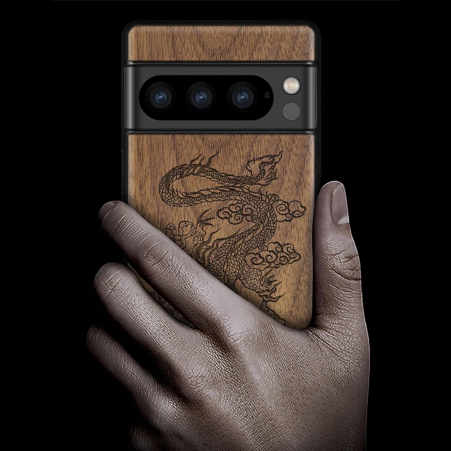 Carveit Wood Case for Pixel 8 Pro Case [Natural Wood & Black Soft TPU] Shockproof Protective Unique Wooden Cover Compatible with Google Pixel 8 Pro (Majestic Chinese Dragon-Walnut)