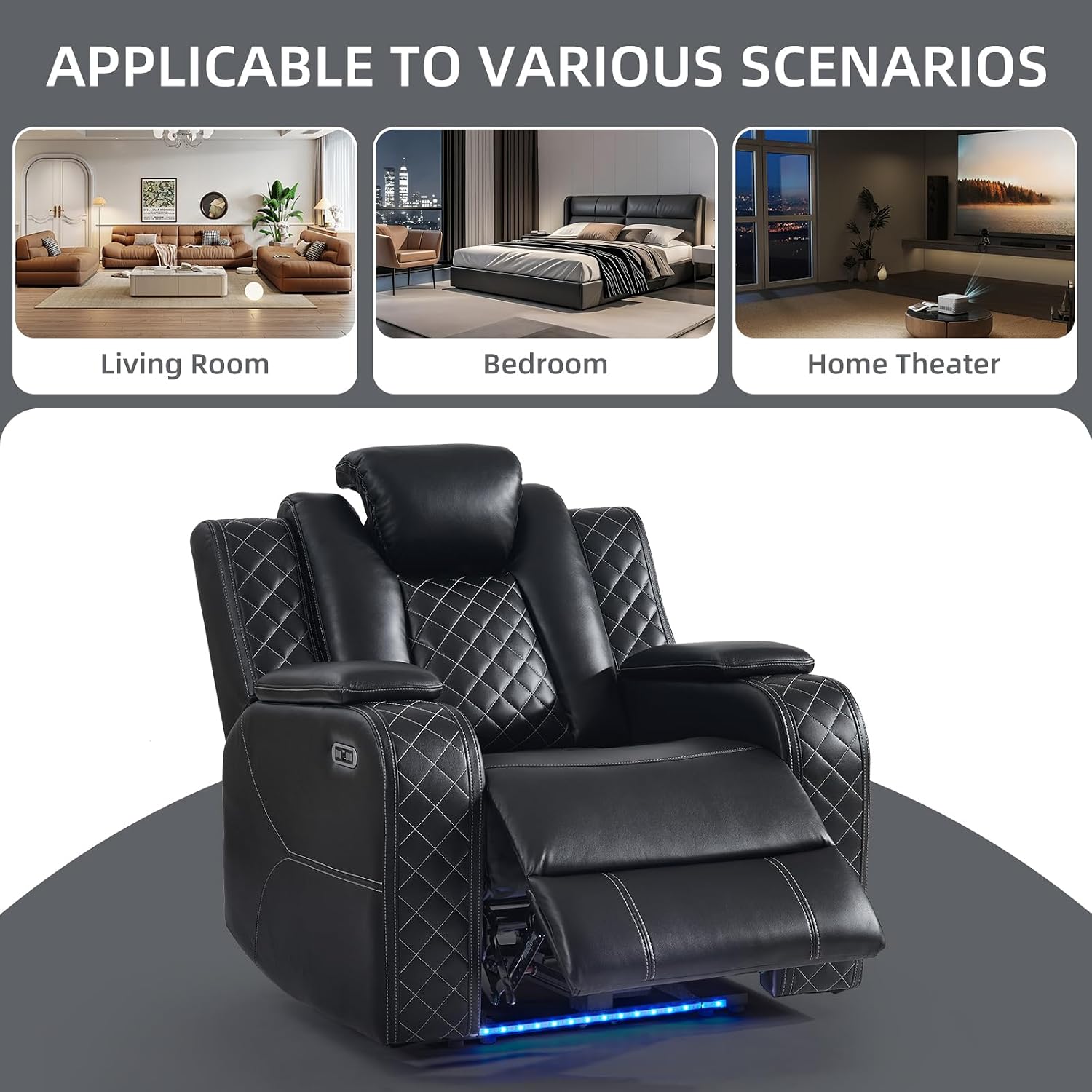 CANMOV Power Home Theater Seating Set of 4, Faux Leather Movie Single Reclining Chair with Ambient Lighting, Adjustable Head, USB Port and Hidden Arm Storage, Electric Gaming for Living Room, Black