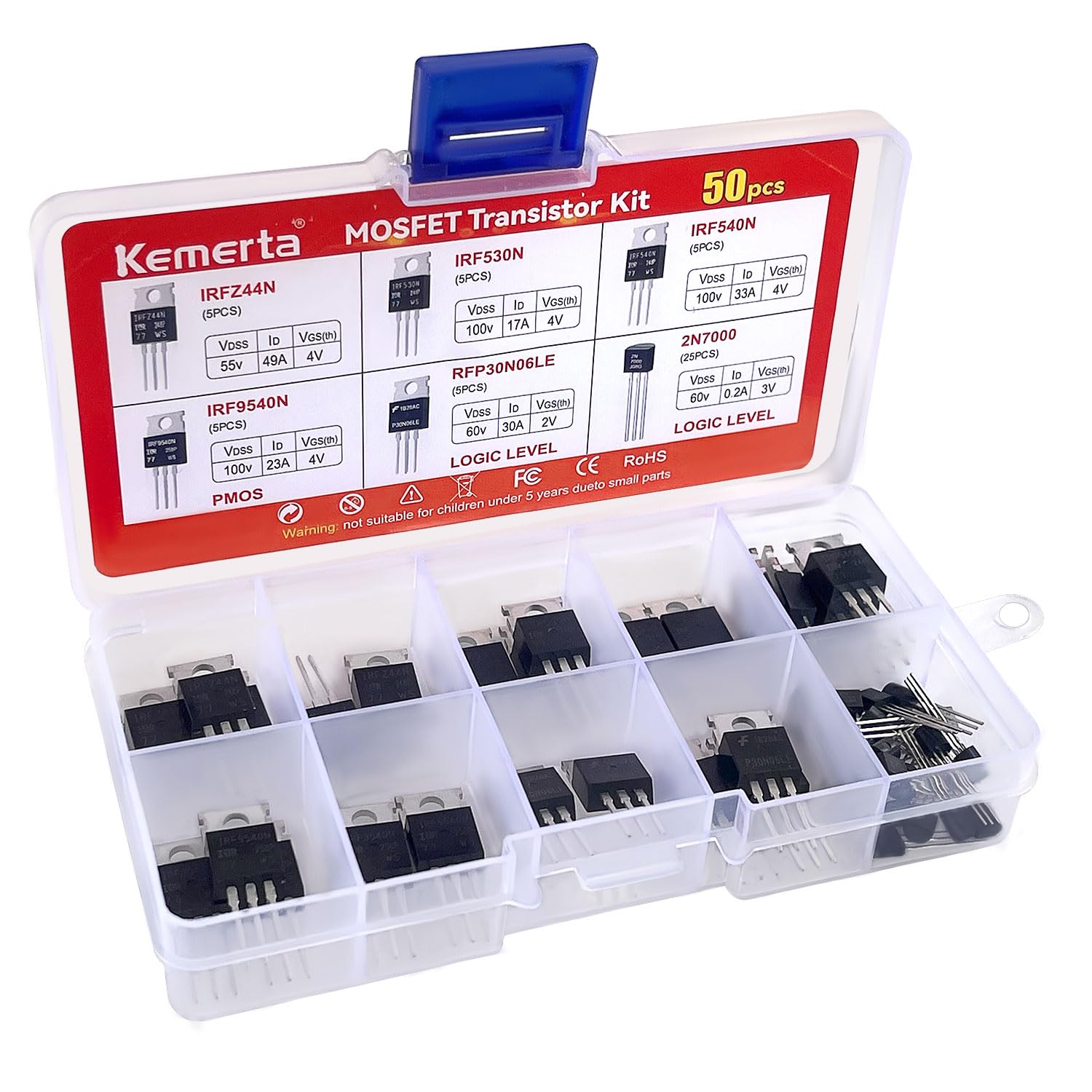 Kemerta 6 Values 50 Pcs MOSFET Transistor Assortment Kit, IRFZ44N