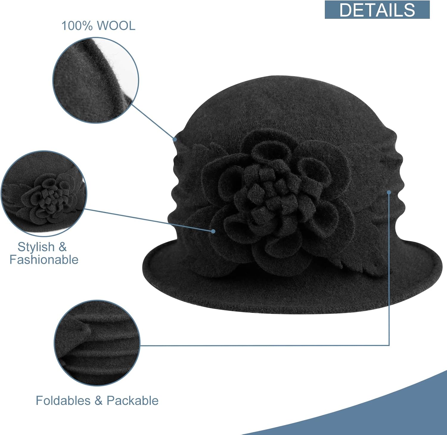 Sumolux Women Beret Hat French Vintage Floral Wool Dress Cloche Classic Winter Hat 1920s - Image 3