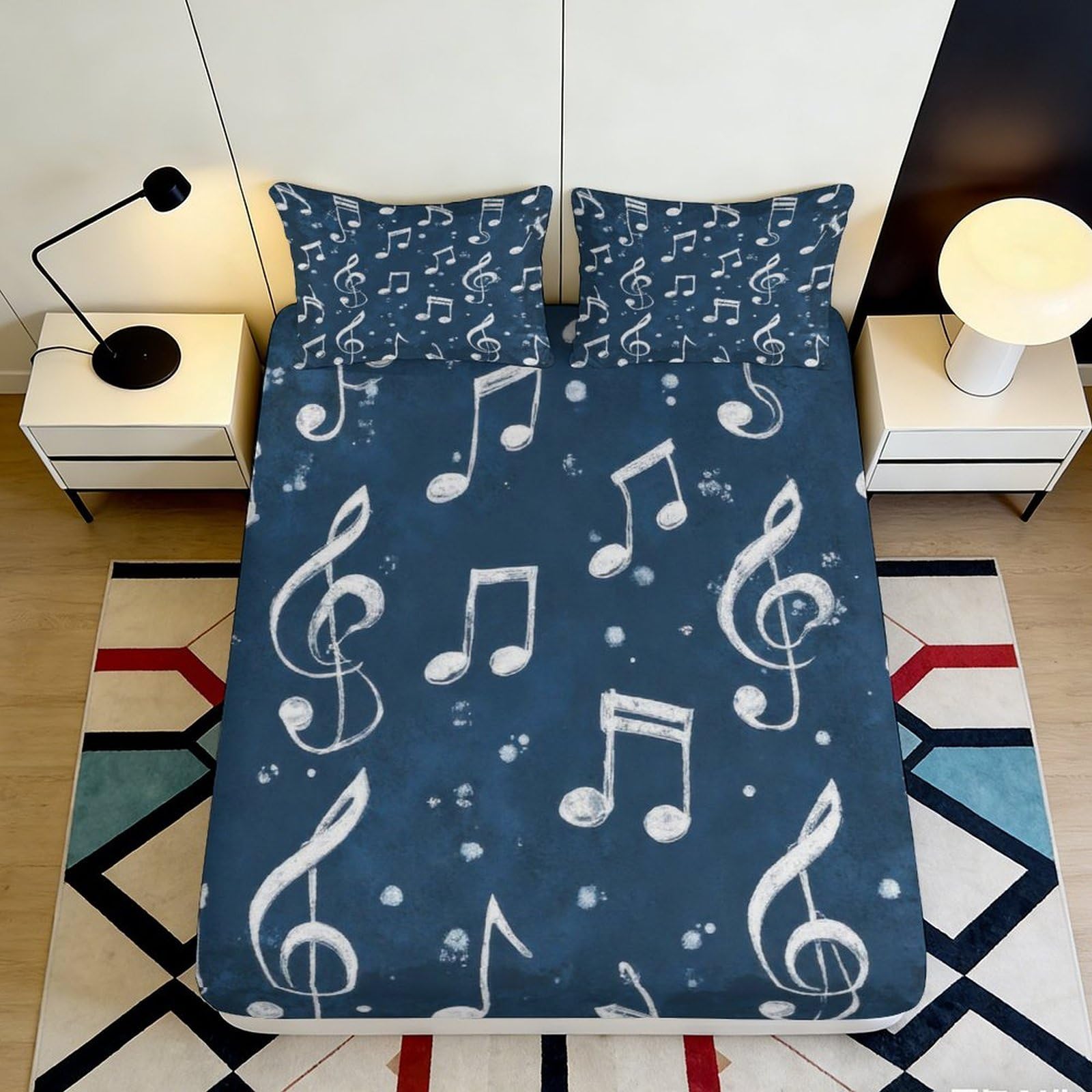3D Printed Music Notes Fitted Sheet Microfiber Soft Breathable Blue Musical Bed Cover for Bedroom Dormitory Guest Room Mattress Protection Decor 160x200x25cm