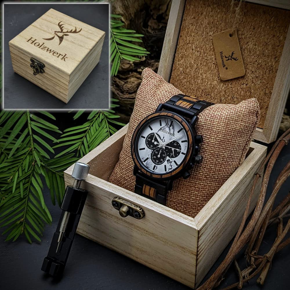 Holzwerk Germany Ręcznie wykonany designerski zegarek męski ekologiczny naturalny drewniany zegarek chronograf bransoletka zegarek analogowy zegarek kwarcowy brązowy biały czarny marmur kamień data