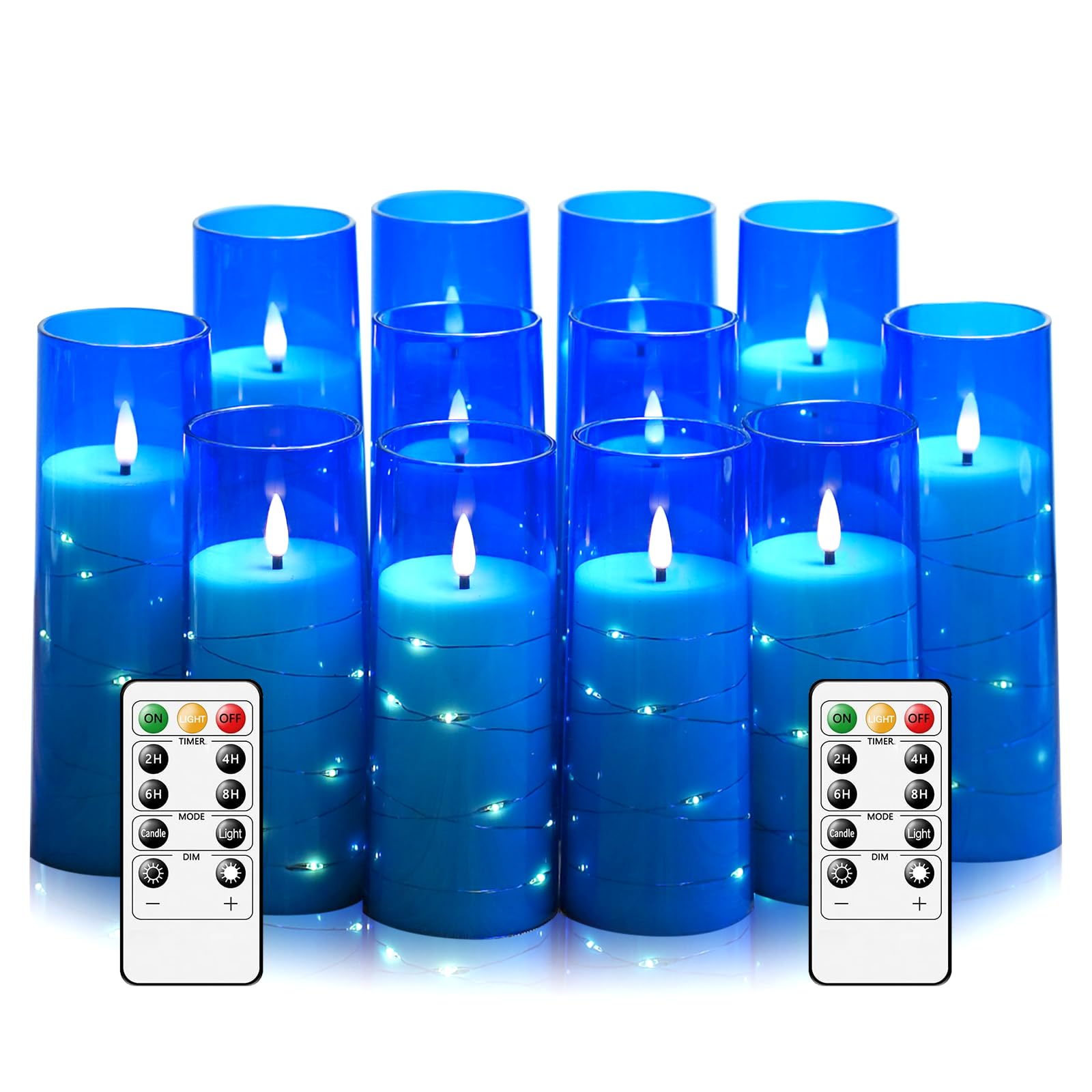 Sasigeiaa Flameless Candles with Embedded Star String - Battery Operated LED Candles, with Remote,12 Blue Flickering Candles for Christmas, Weddings, Home Decor &amp; Party,(D 2.3"×H 5" 6" 7")
