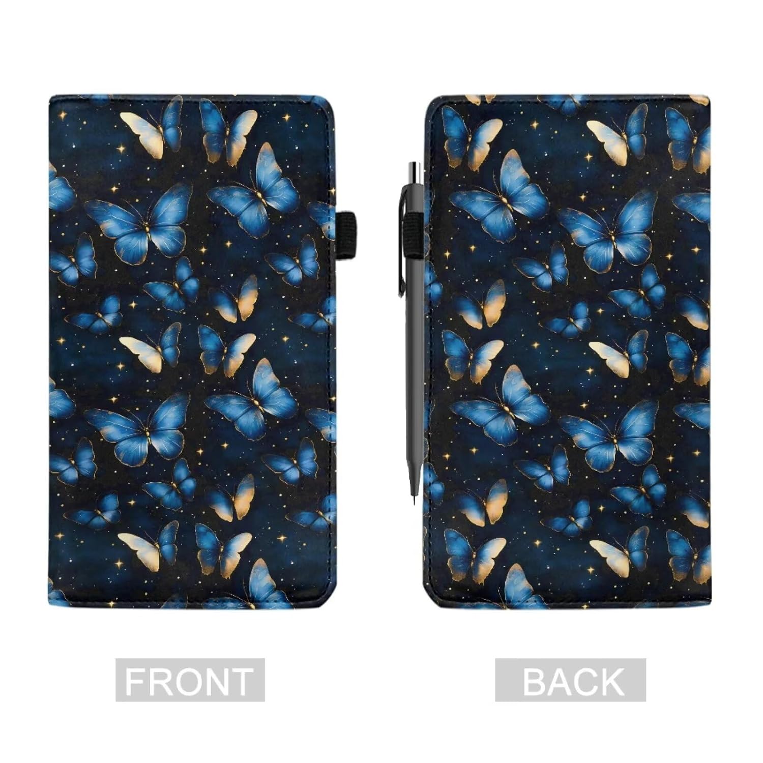 Blue Butterfly Server Book for Waitress, PU Leather Waiter Serving Book with Pen Holder Organizer Book with Zipper Pocket for Waitress Fit Server Apron Guest Check Presenters