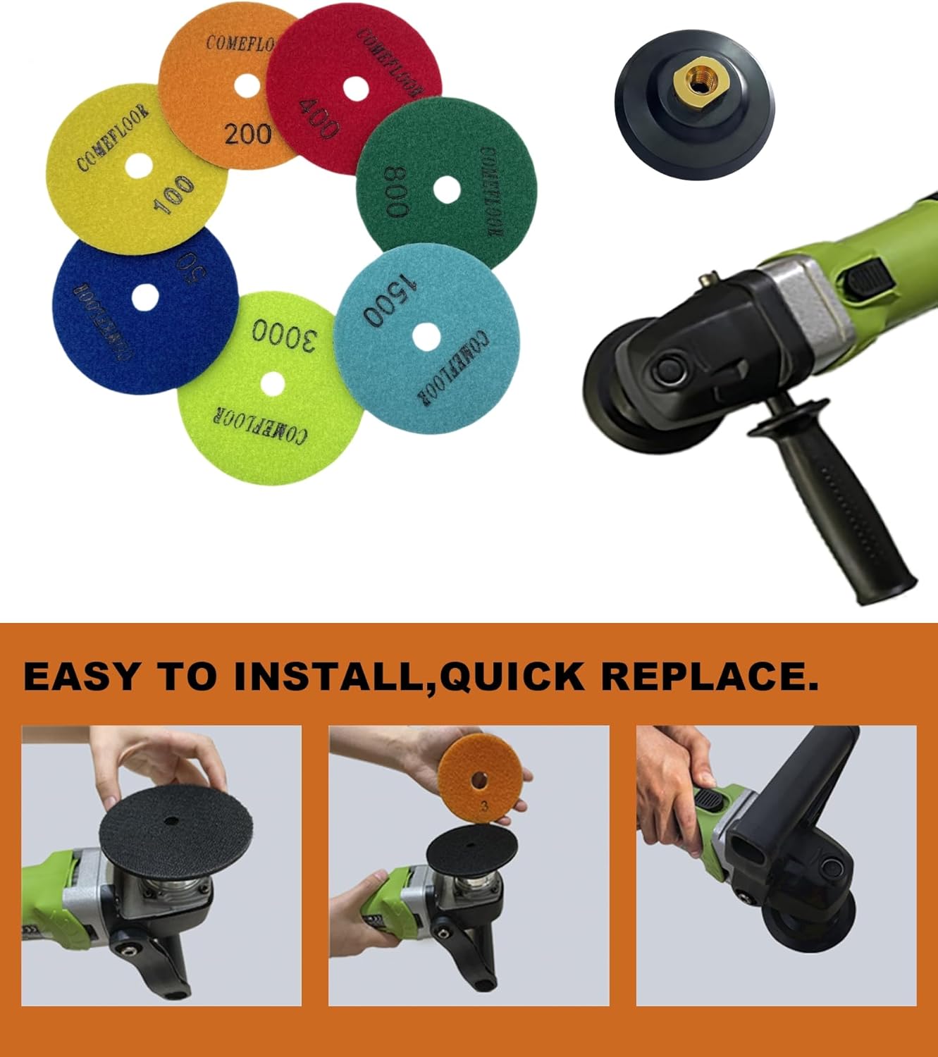 Granite Marble Stone Dry Diamond Polishing Pads ComeFloor 4 Inch 7 Pieces Grinding Pads Plus a Rubber Backer Pads Set