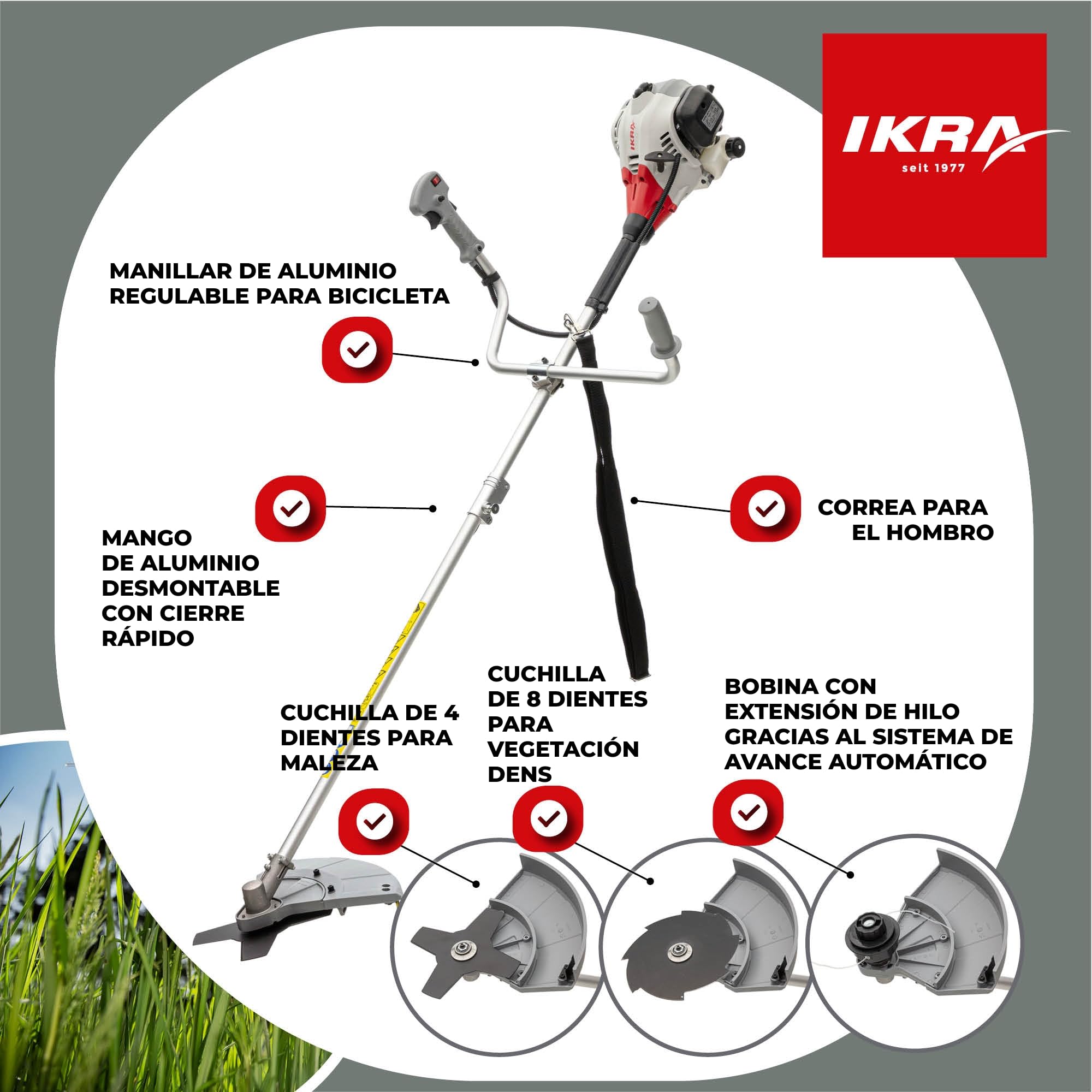 IKRA desbrozadora de Gasolina IBF 25-1 con prácticos Accesorios | Incl. cuchillas 4 y 8 dientes, carrete, gafas y cinta de hombro, motor de 2 tiempos, ancho de corte de 23 cm, 25 cm³, 0,8 kW