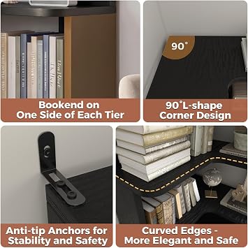 Besiost Corner Book Shelf, 6-Shelf Corner Bookshelf for Small Corner Spaces, L-Shape Bookcase Corner Display Shelf for Home Office, Living Room, Bedroom, Black