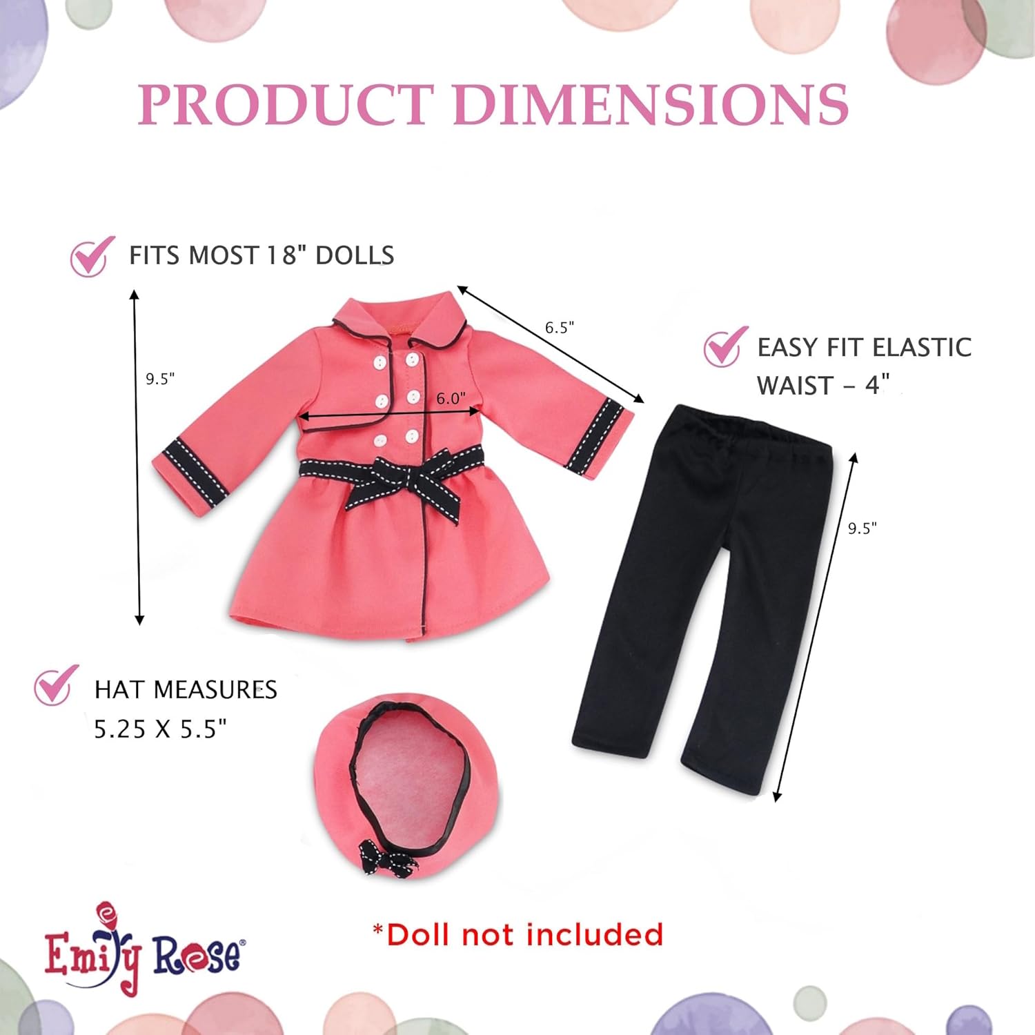 Emily Rose 18" Doll Paris Fashion Bundle - 7-Piece Chic Travel Outfit Set with Coat, Beret Hats, Graphic Tee & Ankle Boots - Gift Boxed French Style Clothes Compatible with American Girl Dolls