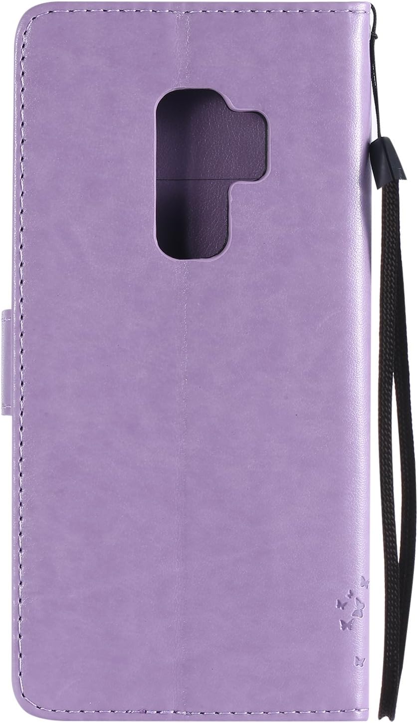 Galaxy S9 Plus Wallet Case,HAOTP Floral Flower Love Tree Cat Embossed PU Leather Magnetic Flip Shockproof TPU Inner Bumper Card Holders & Hand Strap Purse Case for Samsung Galaxy S9 Plus Light Purple