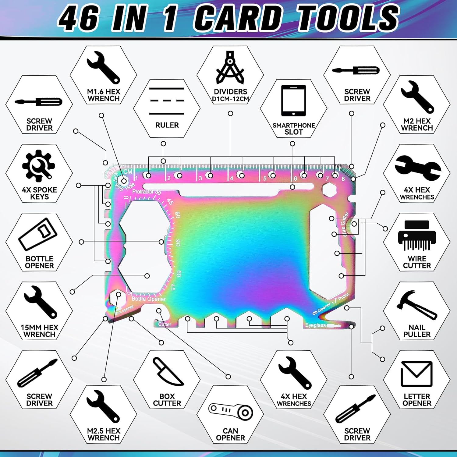 Cholemy 12 Pcs Credit Card Wallet Multitool 46 in 1 Metal Stainless Steel Survival Pocket Tool Multipurpose Bottle Opener Bulk for Fathers Day Dad Men Birthday Gift(Colorful,Classic Style)