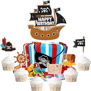 7PCS Pirate Treasure Themed Set Happy Birthday Cake Toppers-Boys and Girls Nautical Treasure Hunt Themed Party or Pirate Captain Birthday Party Decoration- SugarGera