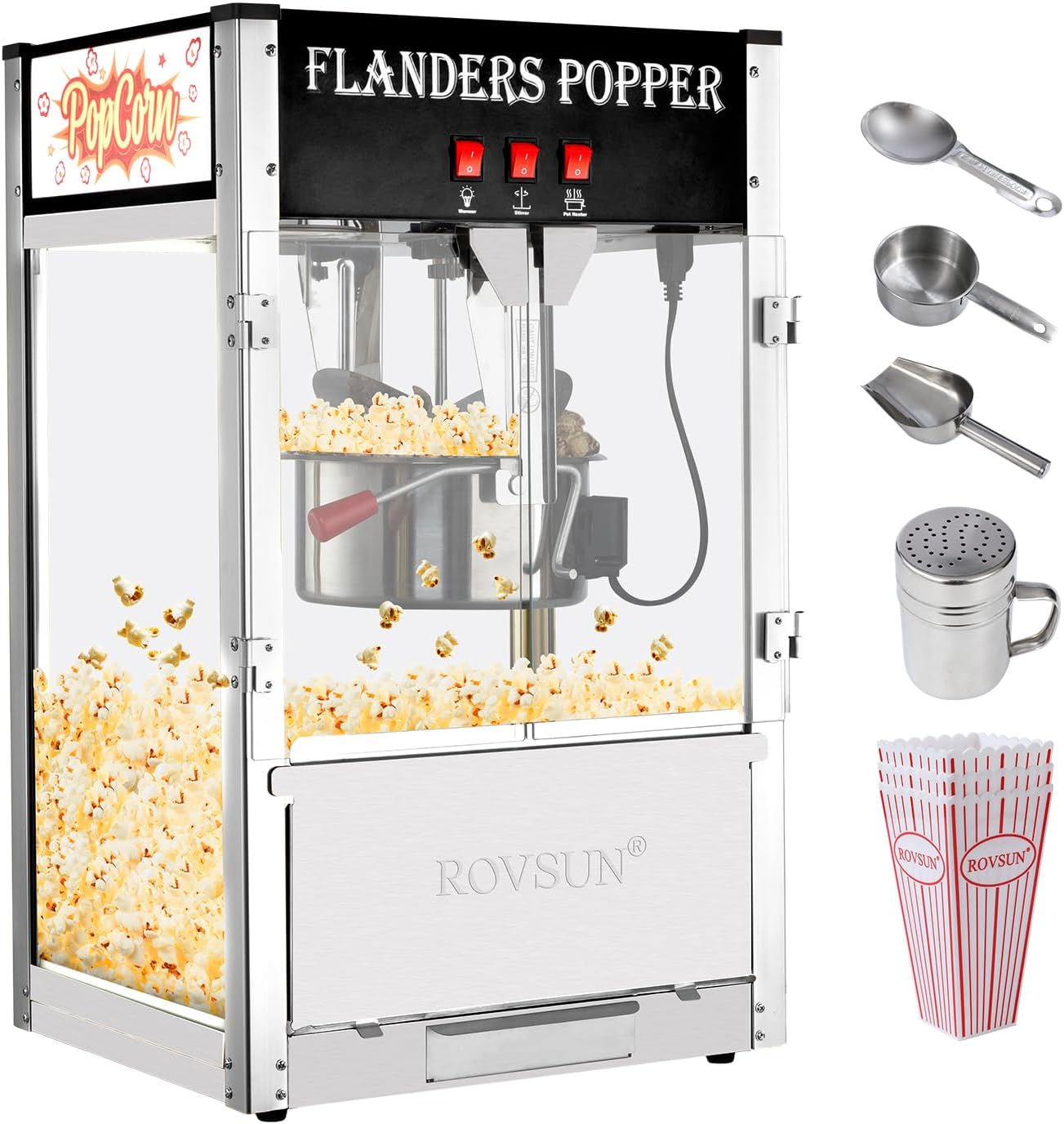 - Popcorn Machine with 12 Ounce Kettle Makes Up to 80 Cups ETL Certified, Countertop Popcorn Maker Commercial Popcorn Machine w/Stainless Steel Scoop, Oil Spoon & 3 Popcorn Cups for Theater Home