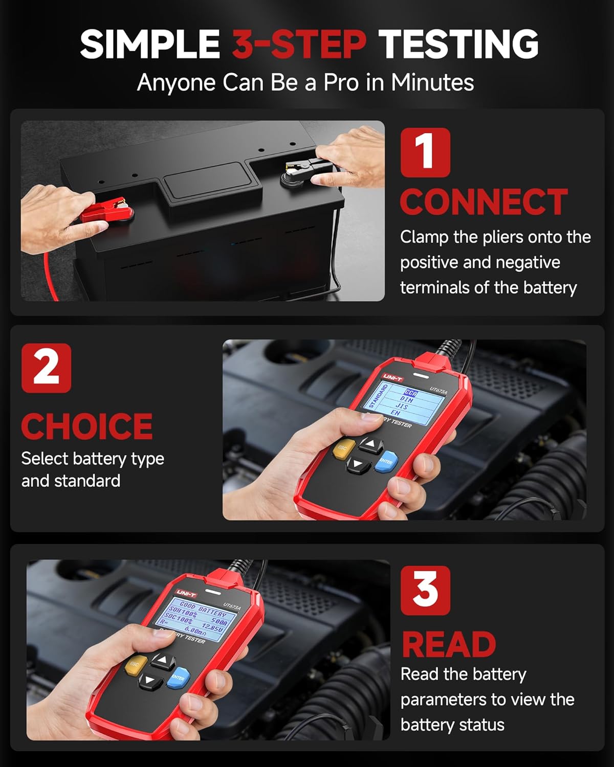 UNI-T UT673A Car Battery Tester - Advanced Conductance Technology, Tests 12V/24V Systems (CCA 40-2000A, 3-250Ah), Battery Health/Life/Charge & Starting System Diagnostics, quickly detect common faults