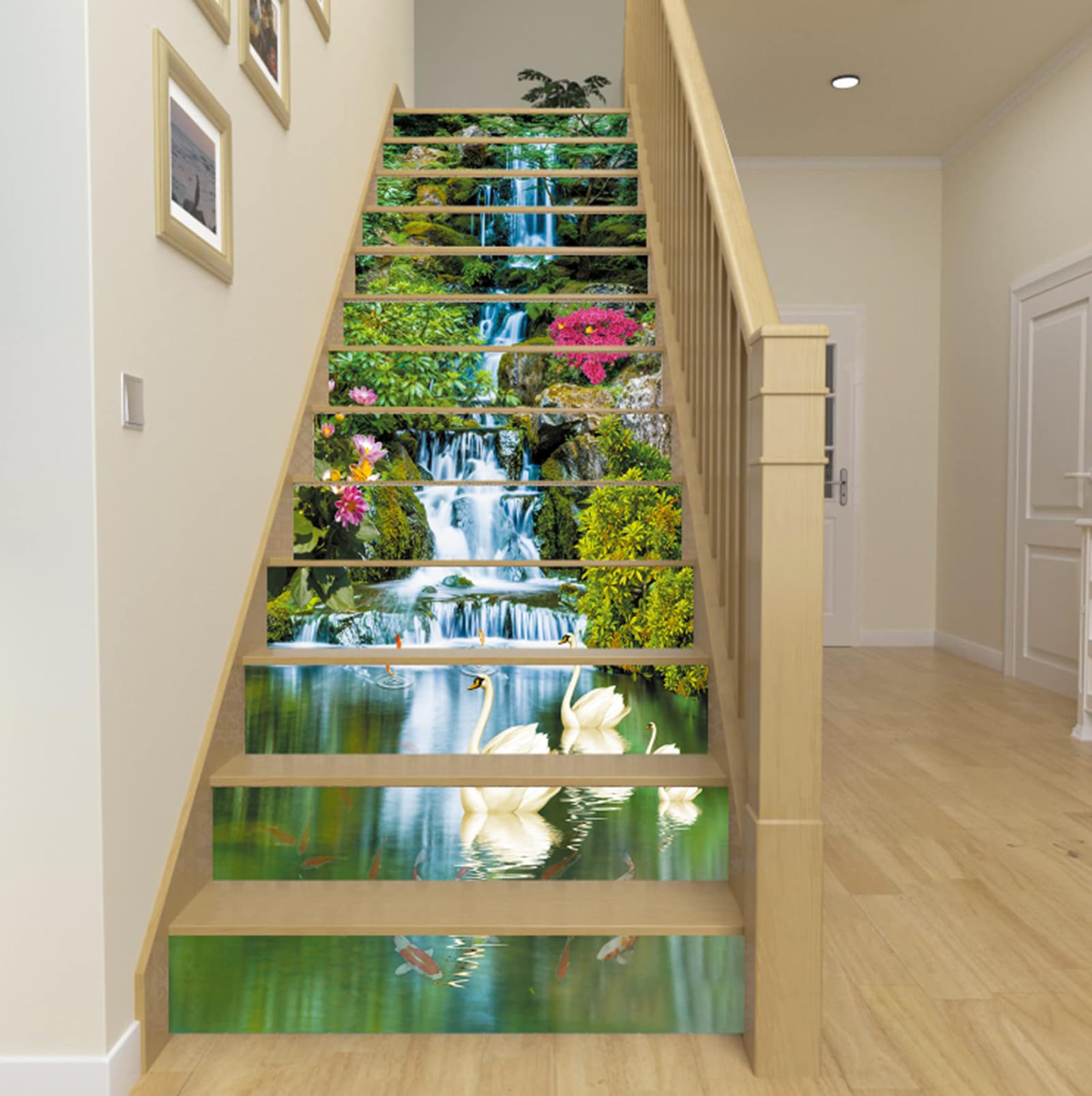 Buy artfanke 13Pcs Stair Risers Stickers 3D Waterfall Swan Peel and
