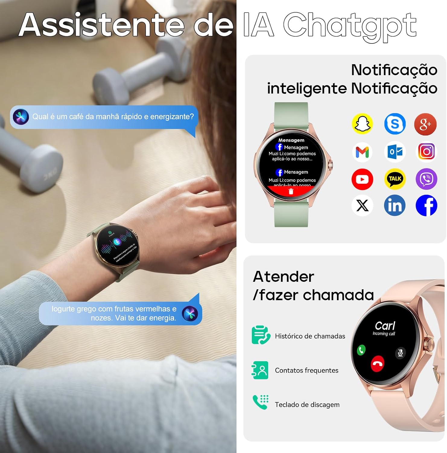 Smartwatch Feminino Relógio Inteligente com IA Chatgpt, 1.32’’ AMOLED,iOS Android, IP68 Água, Frequência Cardíaca, Monitor de Sono, 100 Esportes, 2 Pulseiras