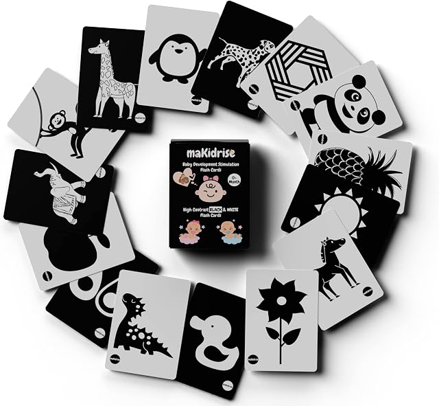Baby Toys 0-6 Months, 30 x Black and White Baby Sensory Cards 60 Stimulation High Contrast Design Baby Sensory Toys 0 6 Months Use for Baby Essentials for Newborn Baby Gifts & Flash Cards by maKidrise