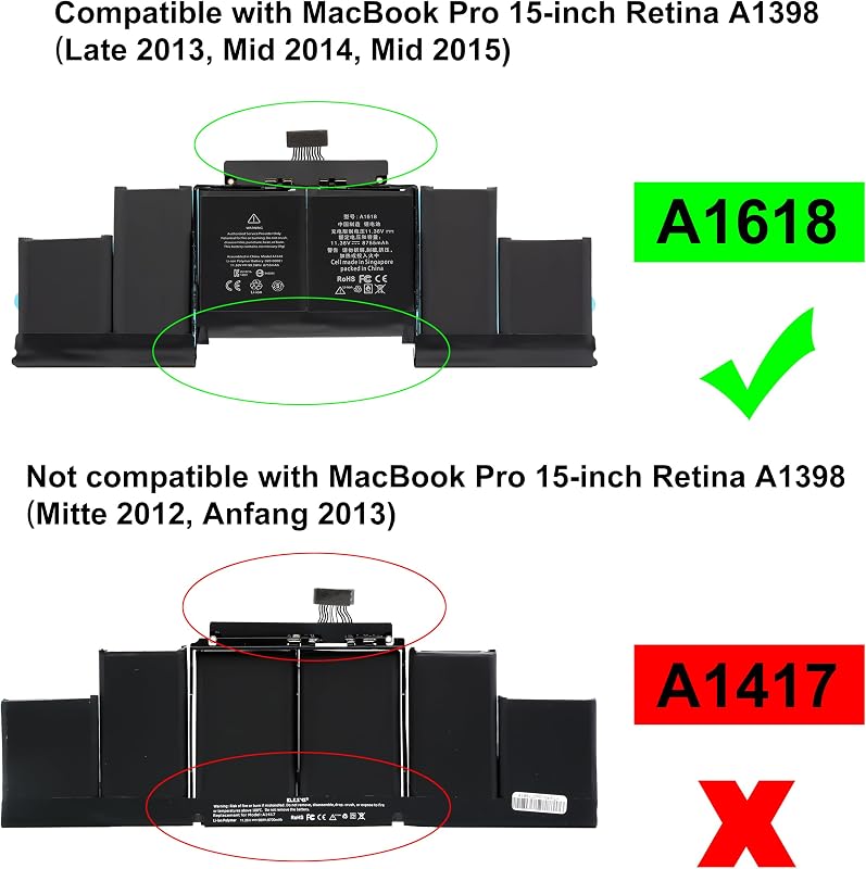 Baterie de schimb BLESYS A1618 pentru laptop MacBook Pro 15 inchi Retina A1398 Late 2013 Mid 2014 2015 A1494 11,36V 8755mAh 99,5Wh