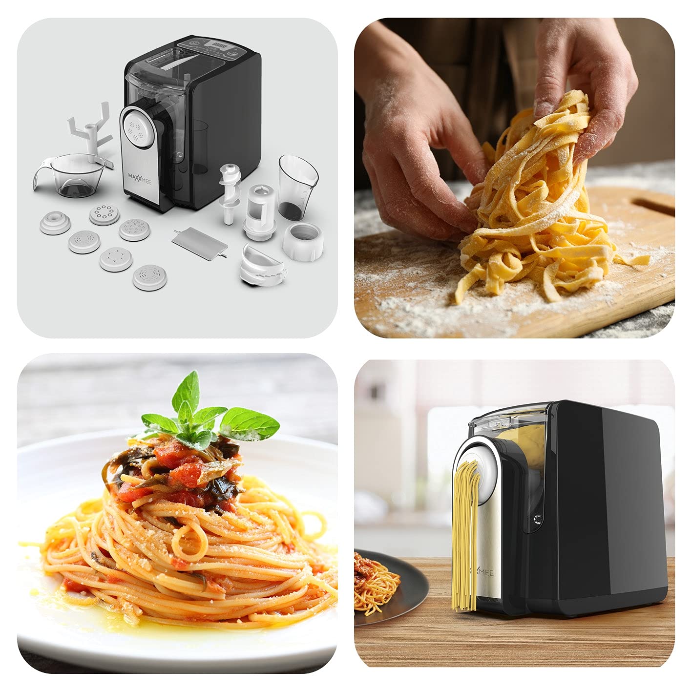 MAXXMEE Machine à pâtes avec 7 disques de moulage pour Fabrication facile de différentes sortes de pâtes fraîches |Panneau de commande numérique et fonction compte à rebours | 30,7 x 19,8 x