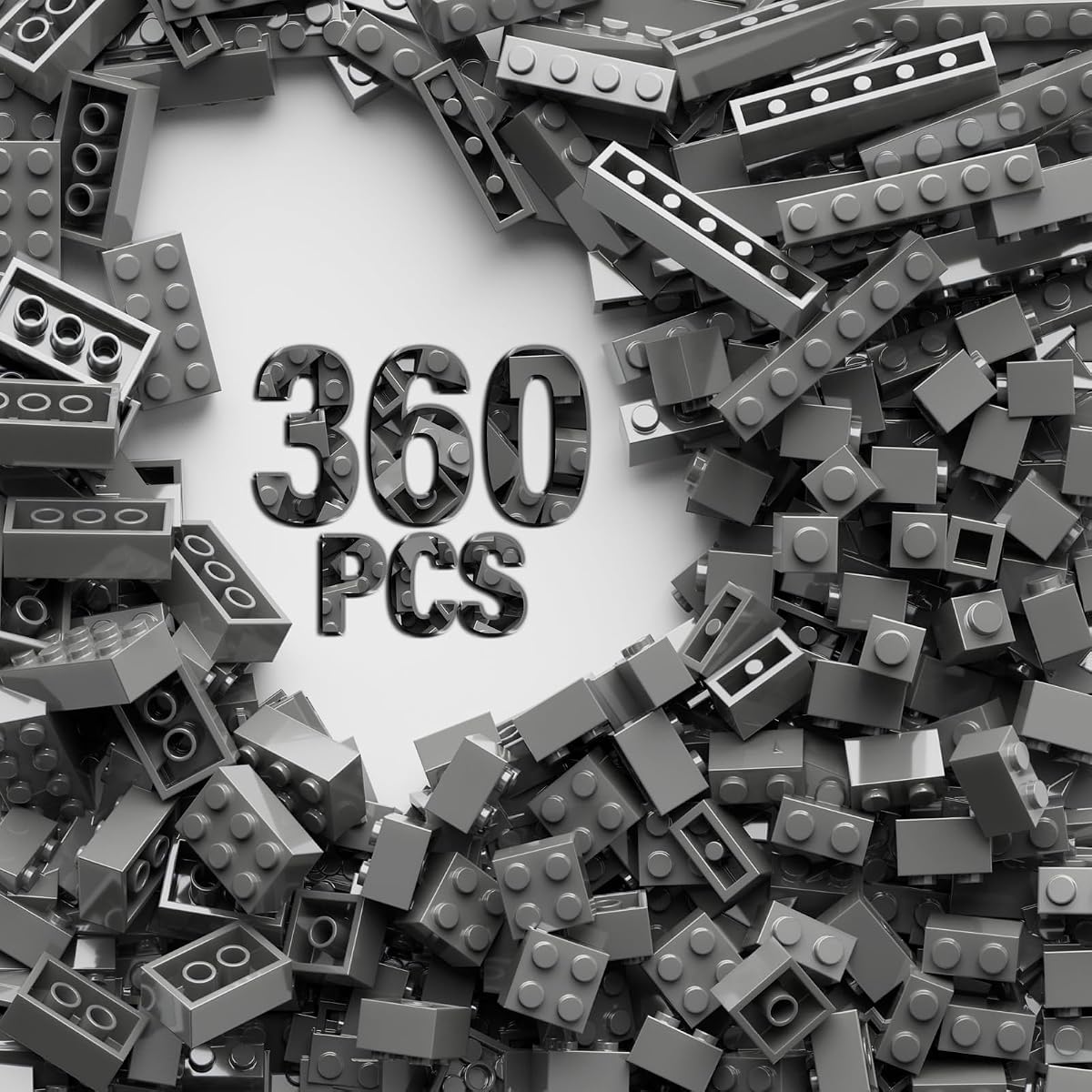 Bloques de construcción clásicos gris oscuro de 360 ​​piezas a granel, paquete surtido de ladrillos de construcción de 7 tamaños, compatible con piezas y piezas de Lego (gris oscuro)