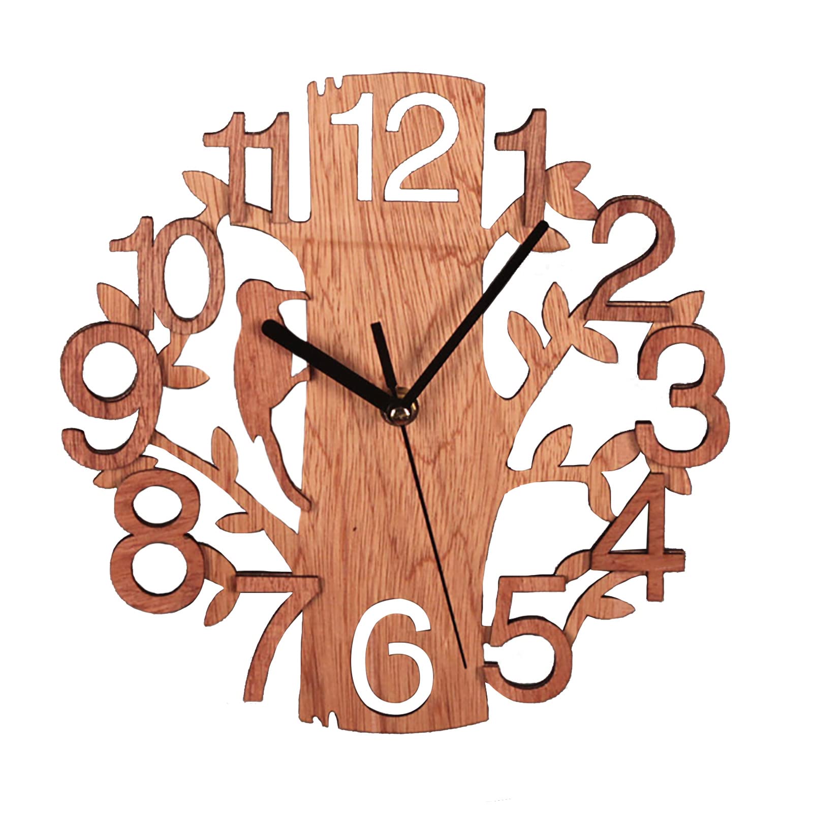 INIFLM Wall Clock Tree Shaped with Bird, 8.7 Inch Three-Dimensional Wooden Mute Bird Clocks, Wooden Grain Hanging Clocks Tree Home Ornament for Home Office