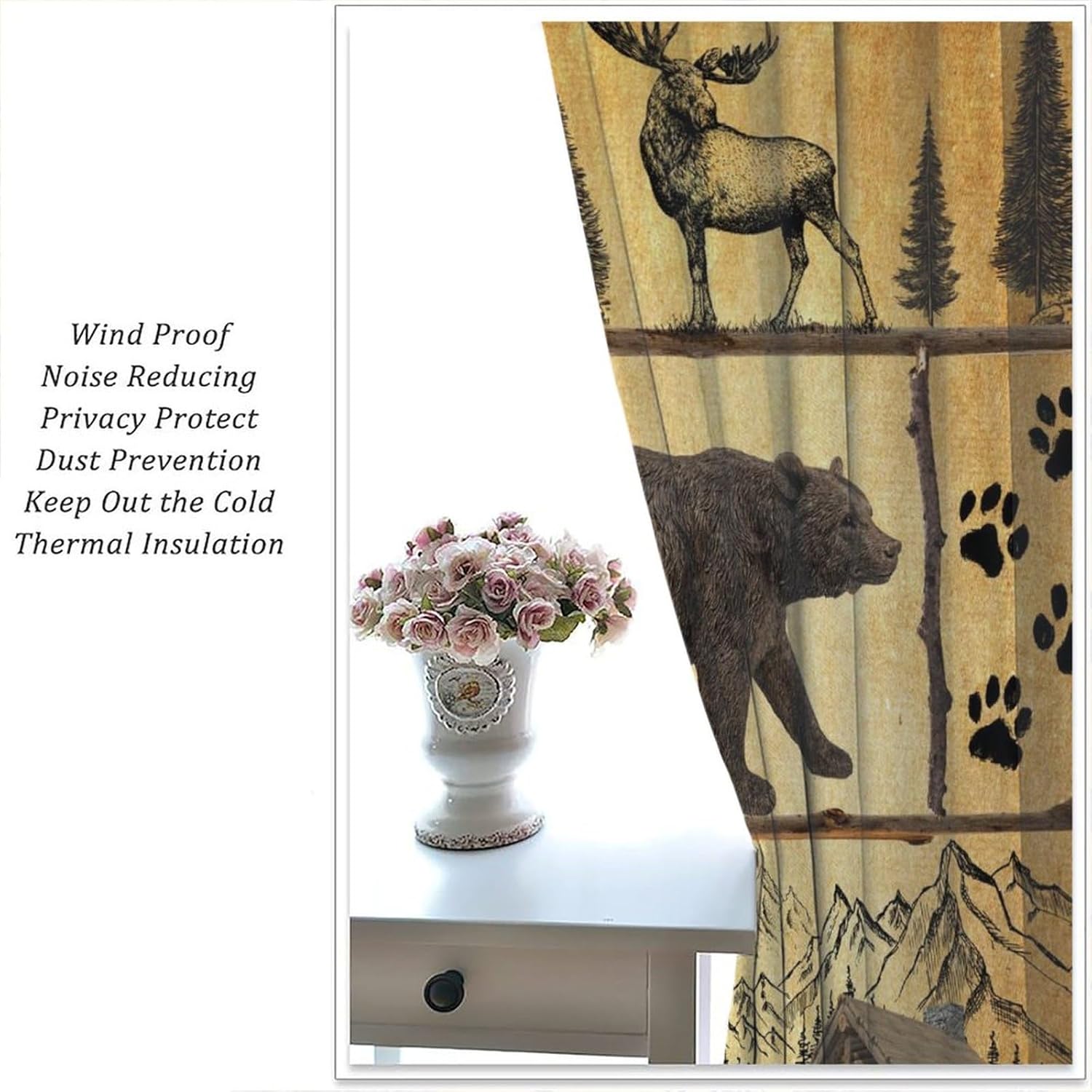 Rustic Cabin Curtains, Farmhouse Bear Moose Forest Vintage Wood Hunting Camping for Room Window Decor, Rod Pocket Print Blackout Drapes for Living Room Bedroom Kitchen 2 Panel Set 42"W X 45"L