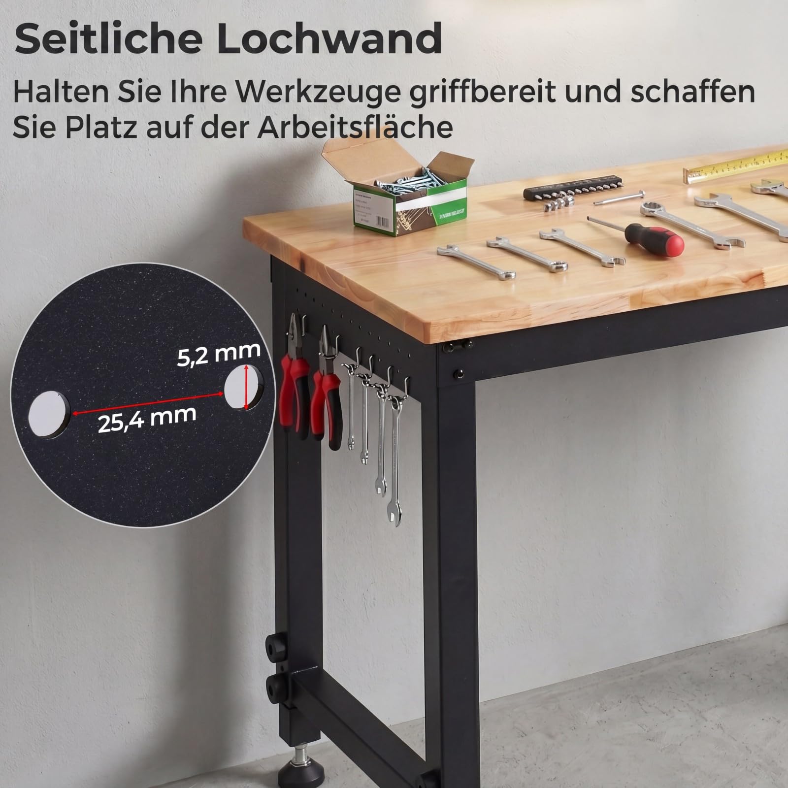 COSTWAY 122 cm schwerlast Werkbank, höhenverstellbarer Arbeitstisch mit Metallrahmen, Lochwand, Steckdose & 2,5 cm Massivholzplatte, Werktisch für Werkstatt, Garage & Zuhause, bis 900 kg blastbar