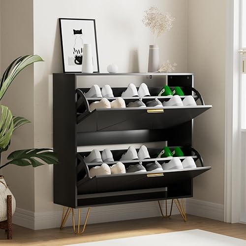 Armario de almacenamiento de zapatos con 2 cajones abatibles, armario de almacenamiento de zapatos delgado para entrada, gabinete de zapatos