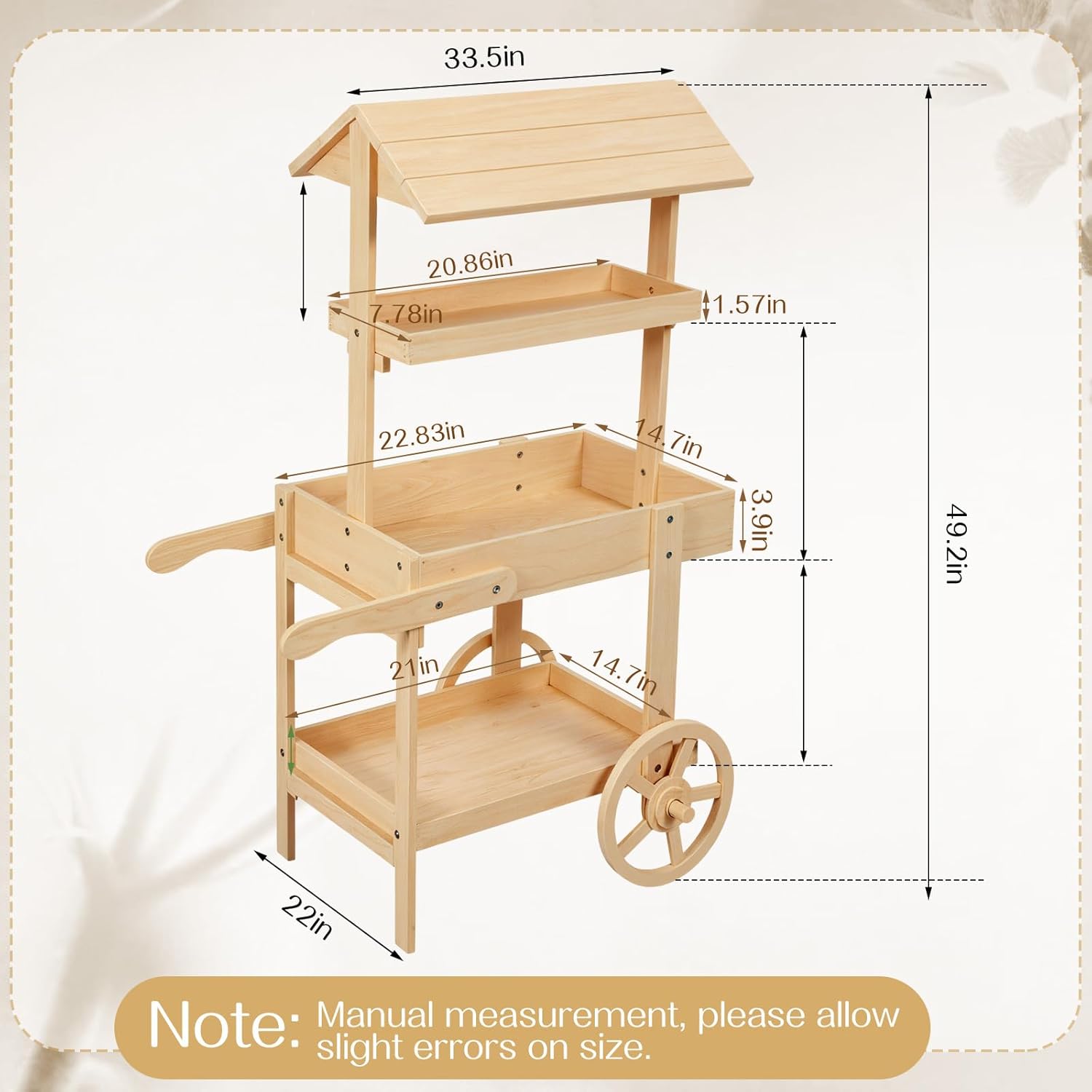 hanaive flower cart display stand with wheels for bridal shower baby shower party large country market vintage wooden 3 tier cart for display flower candy party crafted items (wood color)