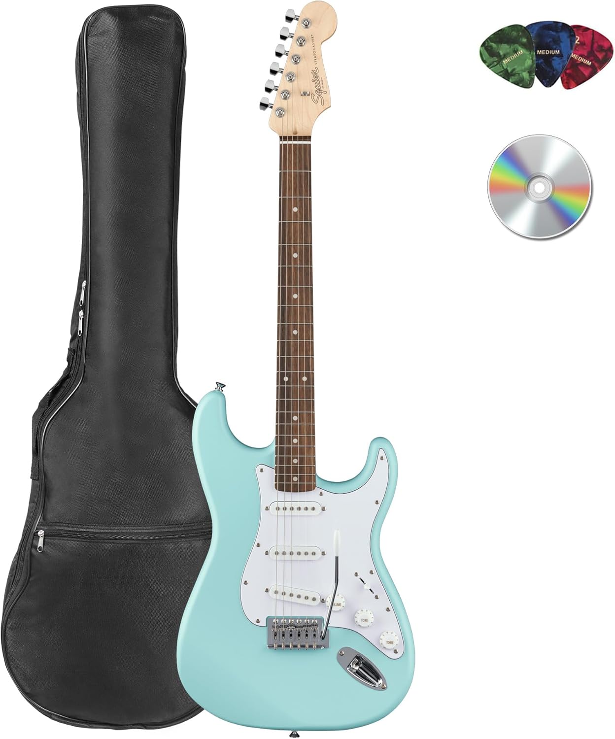 Fender Squier Stratocaster Electric Guitar - Daphne Blue Bundle with Gig Bag, Picks, and Austin Bazaar Instructional Video