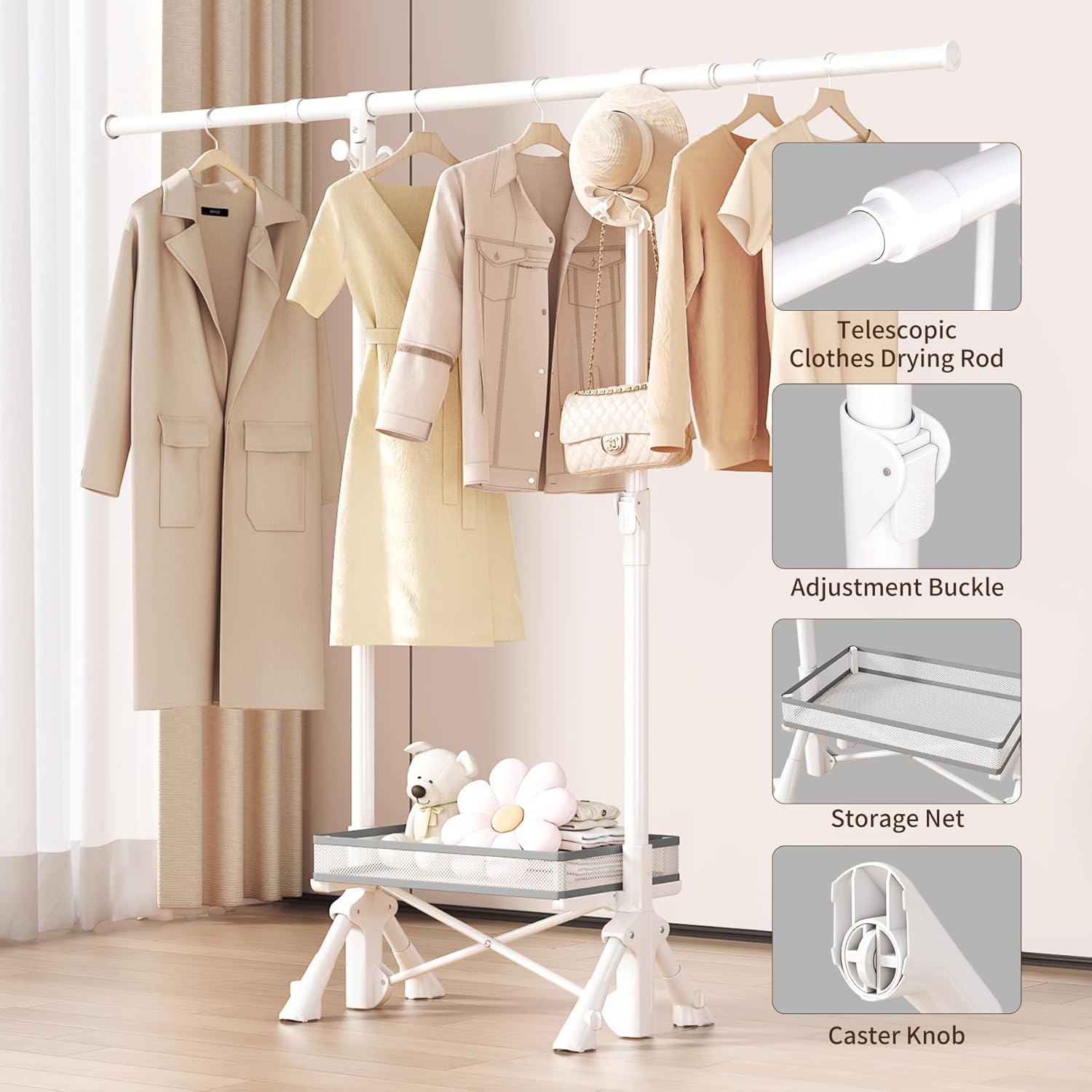 Foldable Clothes Drying Rack Heavy Duty, No Assembly Required, Collapsible Portable Laundry Rack with Hanging Design, Space Saving for Indoor Outdoor Use (Single Rod White)