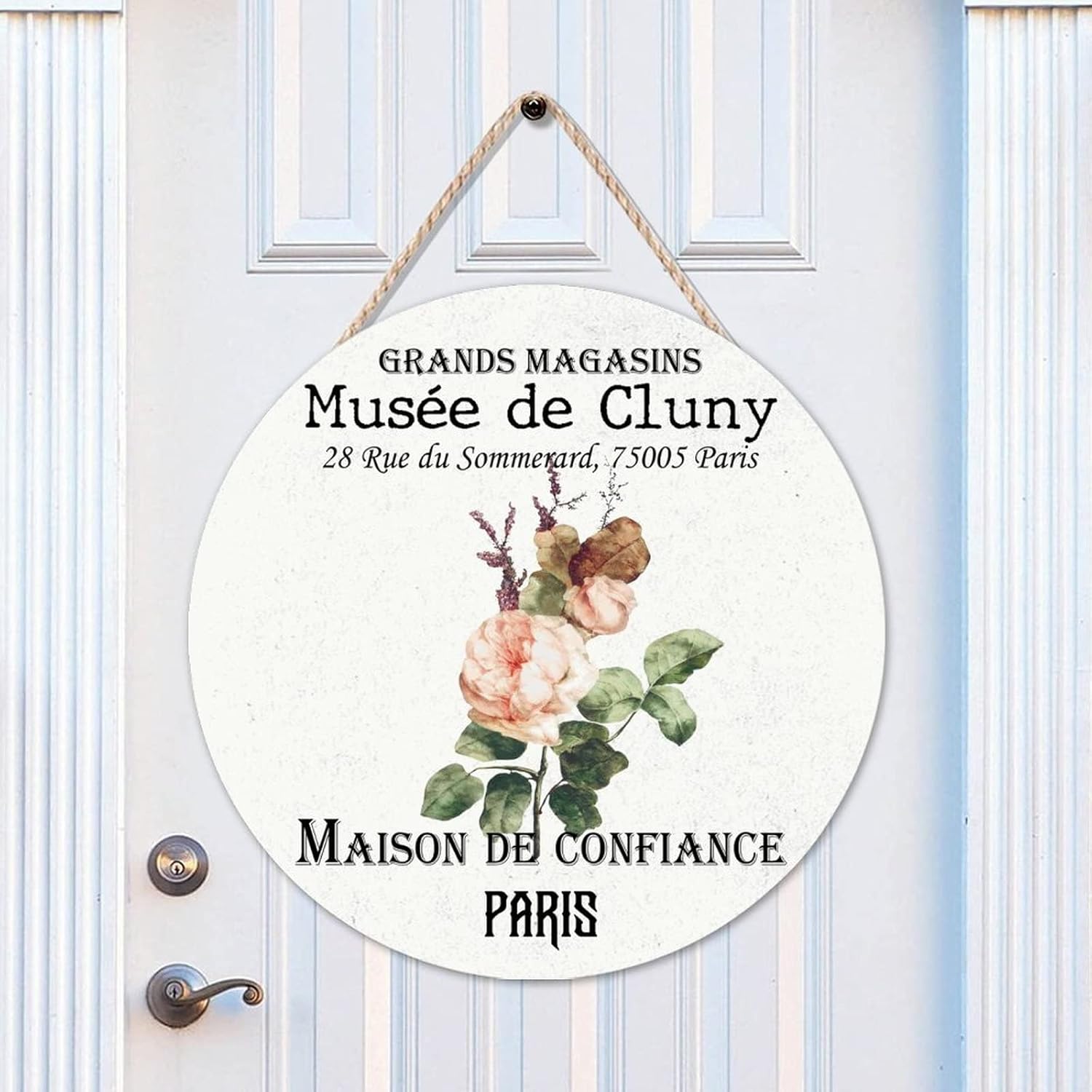 Floral Round Door Hanger Sign, Vintage Flower Wood Door Sign, Custom Calligraphy 16x16in Wall Hanging Sign Plaque Decor for Outdoor Front Porch Front Door Housewarming Gifts