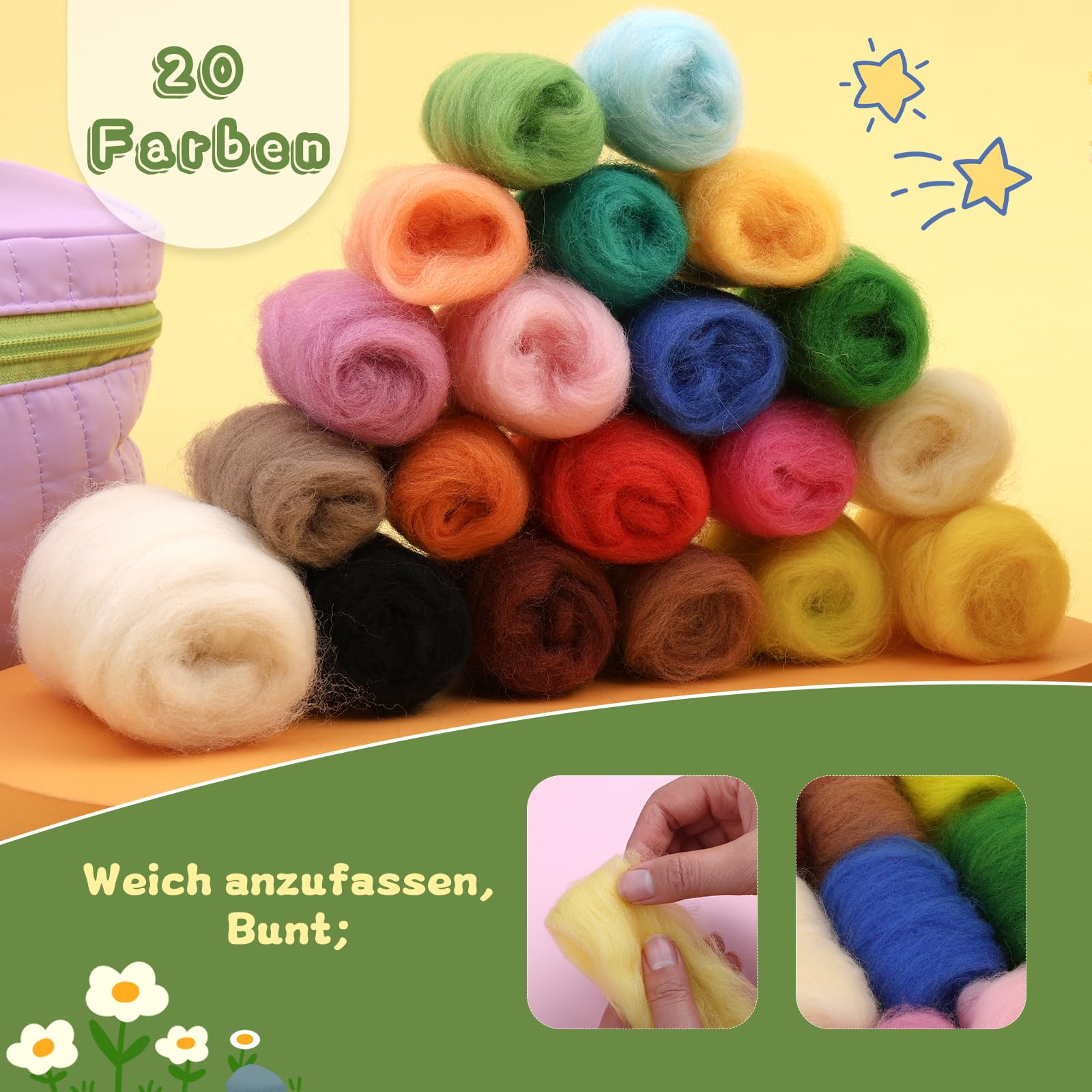 Kuppt 20 Farben Filz-Starterset, Filz-Set, Filzwolle Trockenfilzen, Filzen Mit Wolle, Filznadeln, Filzunterlage Und Violetter Aufbewahrungstasche