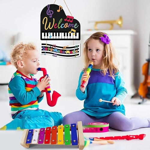Miniatura 4 de IARTTOP Letrero colorido con temática de música de bienvenida para puerta, decoración de pared con texto en inglés "Let's Make Music", para colgar