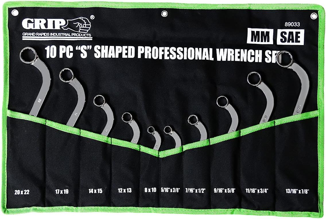 Grip 10 pc Professional "S" Shaped Wrench Set - MM: 8 x 10, 12 x 13, 14 x 15, 17 x 19, 20 x 22 - SAE: 5/16” x 3/8”, 7/16” x 1/2”, 9/16” x 5/8”, 11/16” x 3/4”, 13/16” x 7/8”