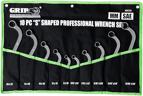 Grip Juego de llaves profesionales en forma de "S" de 10 piezas - MM: 8 x 10, 12 x 13, 14 x 15, 17 x 19, 20 x 22 - SAE: 5/16" x 3/8", 7/16" x 1/2",