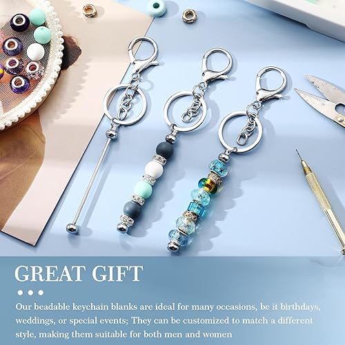 Miniatura 6 de Huwena 6 piezas de llaveros con cuentas, barras en blanco, llavero de cuentas de metal con cuentas para colgante, manualidades, joyería, regalo