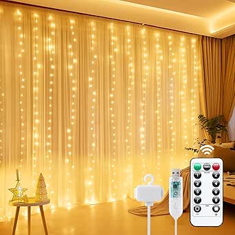 Amazon.com: Minetom Curtain Lights, 300 LED Dimmable Fairy Lights with Remote and Timer, 8 Modes, USB Powered String Lights for Room Wall Party Xmas Indoor Decor, Warm White : Home & Kitchen
