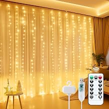 Minetom Curtain Lights, 300 LED Dimmable Fairy Lights Twinkle Lights with Remote and Timer, 8 Modes, USB Powered String Lights for Room Wall Party Christmas Indoor Decor, Warm White