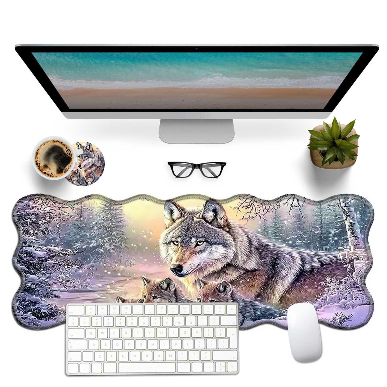 Wolves Desk Pad,31.5" x 11.8" Snowy Forest Large Gaming Mousepad,Computer Mouse Keyboard Pad Desk Protector with Non Slip Base Sewn Edge,Suit for Home