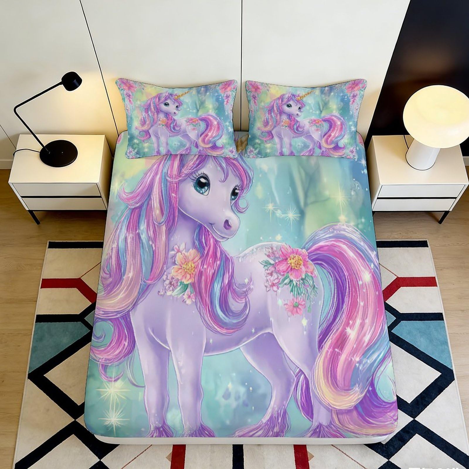 3D Printed Pastel Unicorn Fitted Sheet Microfiber Soft Anti-Slip Rainbow Pony Bed Cover for Bedroom Guest Room Decor 90x200x25cm