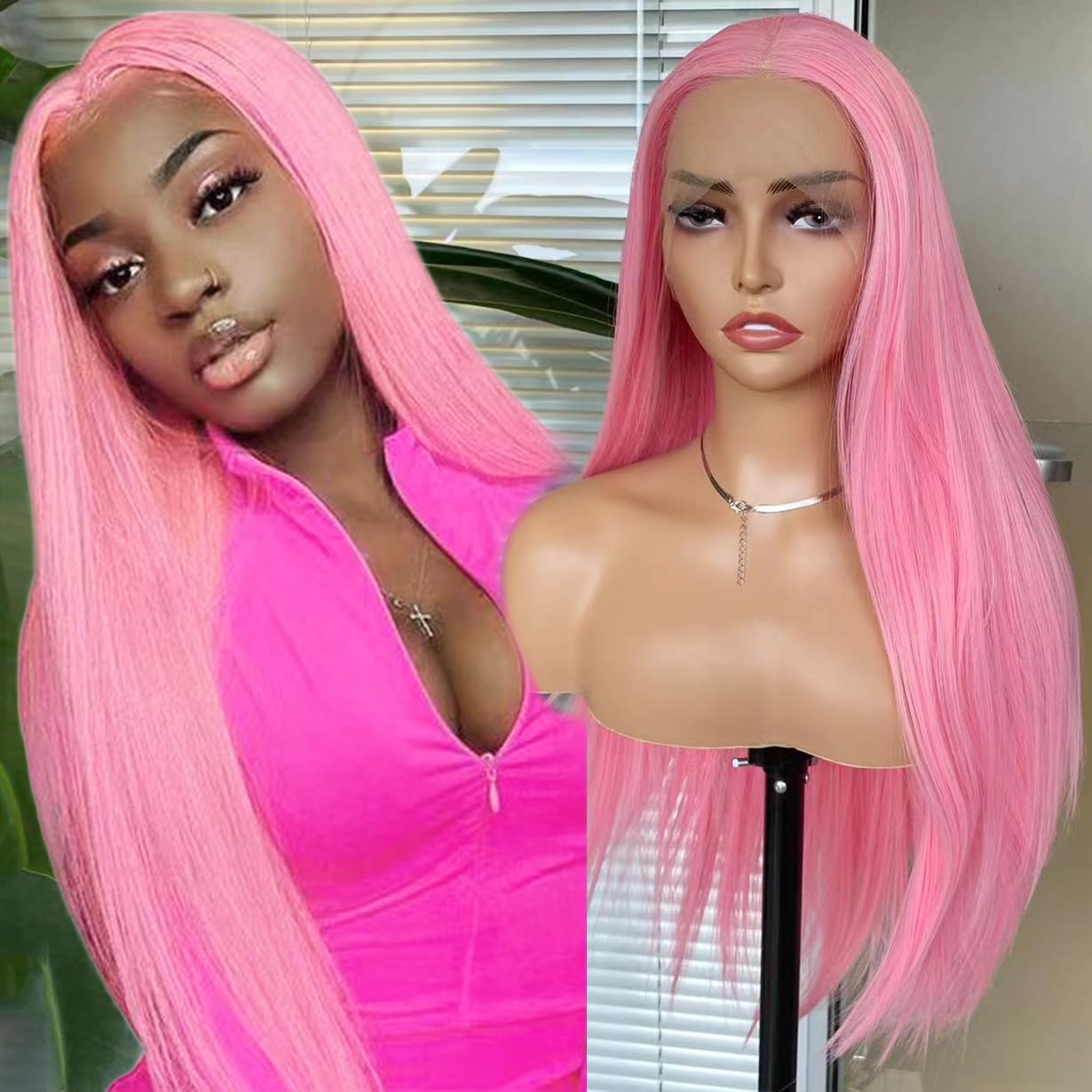 Pink Lace Front Wigs for Women Long Silky Straight Synthetic Lace Wig Glueless Natural Hairline Wig Middle Part Heat Resitant Fiber Hair