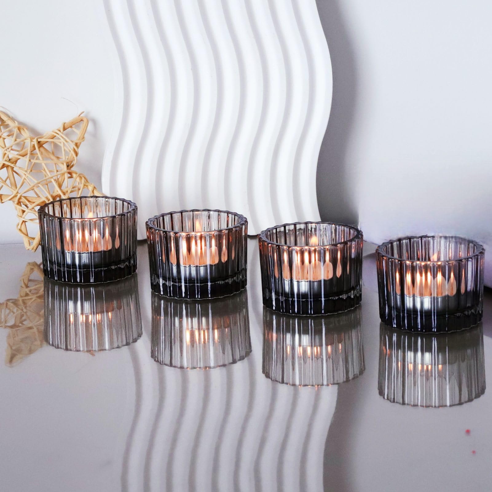 VOHO Lot de 12 photophores classiques gris pour décoration d'intérieur moderne, en verre côtelé, cadeaux pour Thanksgiving, vacances, petits bougeoirs votifs pour fête d'anniversaire