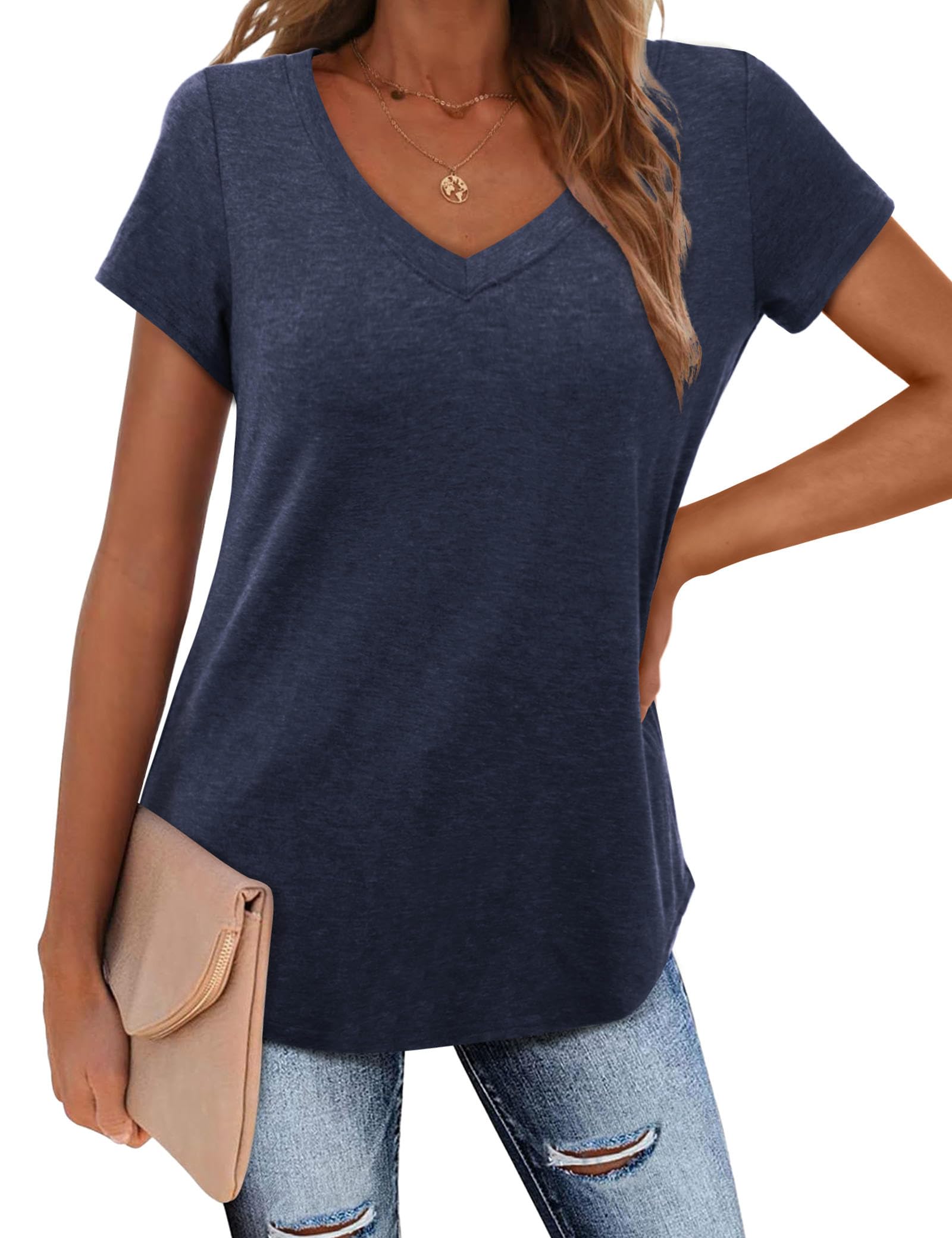 Amoretu Camiseta para mujer, informal, cuello de pico, camiseta de verano, suelta, manga corta